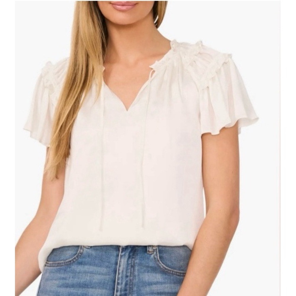 CeCe Top Womens Sz L Shirt Lace Puff Flounce Sleeve Cottage Core fairy whimsical